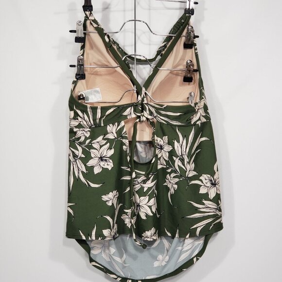 Kona Sol Olive Green Hawaiian Floral Swim Tank Size 16 W   Tie Back - Picture 3 of 3